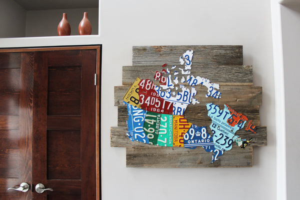 Barnboard License Plate Map of Canada - Grey